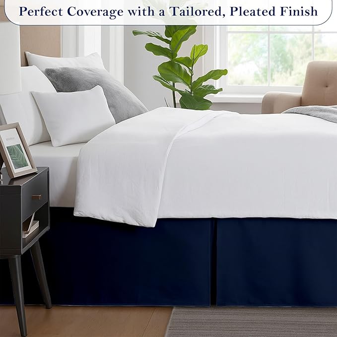 Twin Bed Skirt, Luxury 18 Inch Drop Navy Blue Pleated Bed Skirt, Double Brushed Microfiber, Box Pleat Design, Wrinkle & Fade Resistant, Easy Fit Tailored Bedskirt for Twin Size Beds