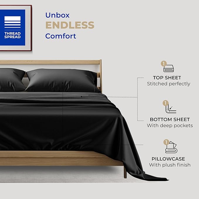 THREAD SPREAD Twin XL Sheets Set Cotton - 400 Thread Count 100% Cotton Twin XL Sheet Set, 3 PC Twin XL Sheets, Cooling Sheets for Dorm Rooms & Adults, 16" Deep Pocket Extra Soft Cotton Sheets (Black)