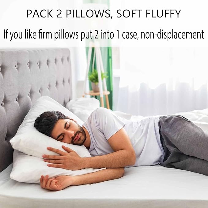 Ultra Thin Flat Soft Bed Pillows Queen Size Set of 2 Pack for Sleeping 20"x30", Hypoallergenic Skin Friendly Machine Washable
