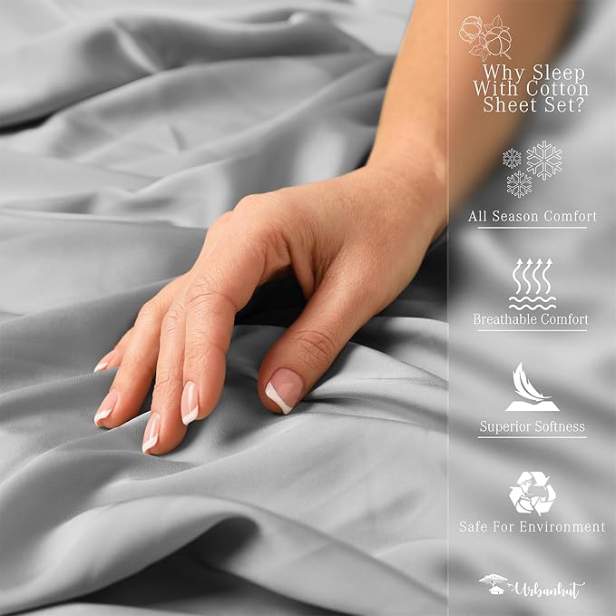 URBANHUT 800 Thread Count 100% Cotton Queen Size Sheets, Luxury 4 Piece Queen Bedsheets, Hotel Sheets Sateen Finish - Better Than Egyptian, 16" Elasticized Deep Pocket - Silver Grey