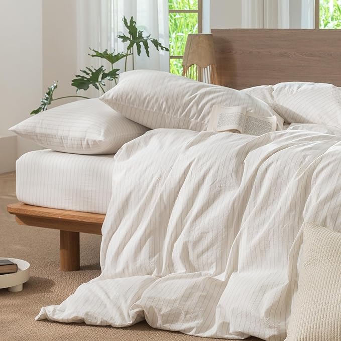 MooMee Striped Duvet Cover Set 100% Washed Cotton Linen Like Textured Breathable Durable Soft Comfy (White Almond Milk Grey Wide Stripes, Oversized Full 82"x86")