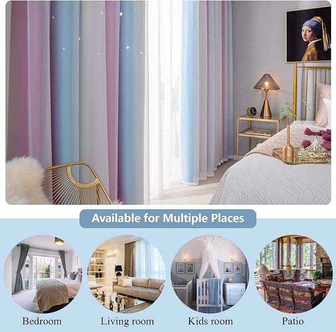 Star Blackout Curtains - Bedroom & Kids Rainbow Curtains, 108 Inch Long, Purple & Blue, 42 x 108 Inch, 2 Panels