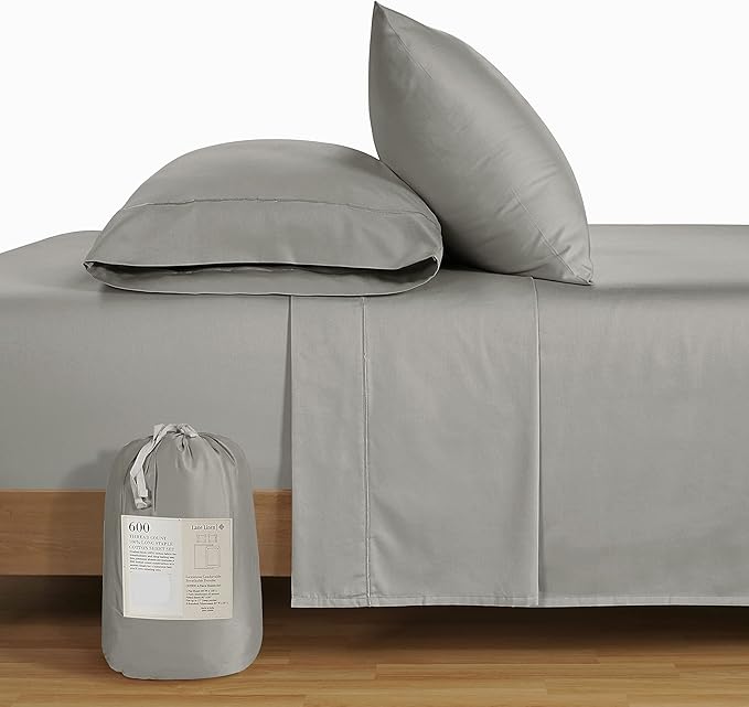 LANE LINEN 600 Thread Count 100% Cotton Twin Bed Sheets - Mercerized Cotton Sheets for Silky Smooth Finish, Twin Size Bed Set - Ultra Soft & Comfy Sateen Bedding Set, Machine Wash - Silver
