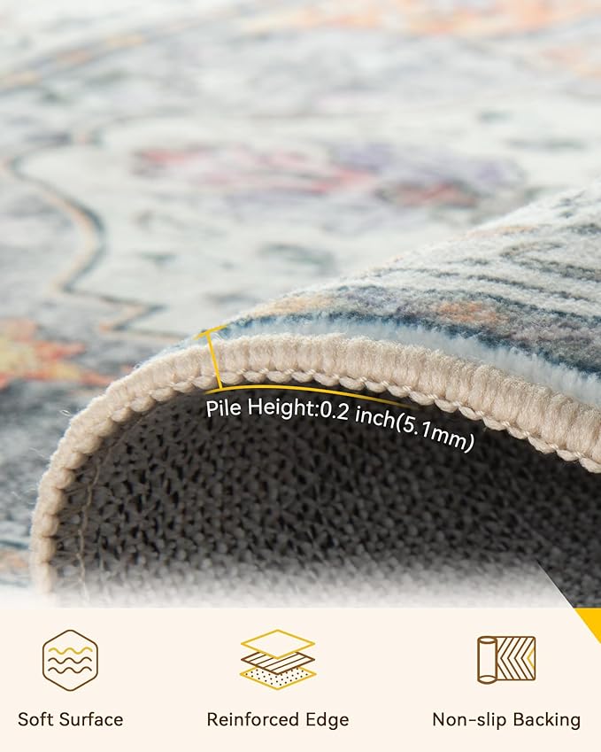 Area Rugs 2'x6' Washable Non-Slip, Floral Vintage Distress Print Pattern Medallion Carpet for Living Room Bedroom Dining Room, Light Yellow Carbon Grey Orange
