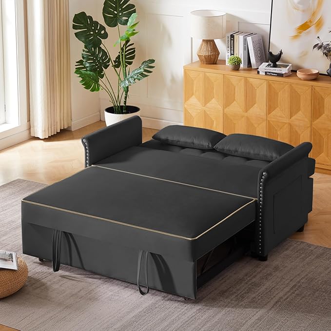 57" Velvet Pull-Out Sofa Bed, 3-in-1 Convertible Loveseat with Gold Trim Strips and Adjustable Backrest, Perfect for Living Rooms, Offices and Apartments (Black)