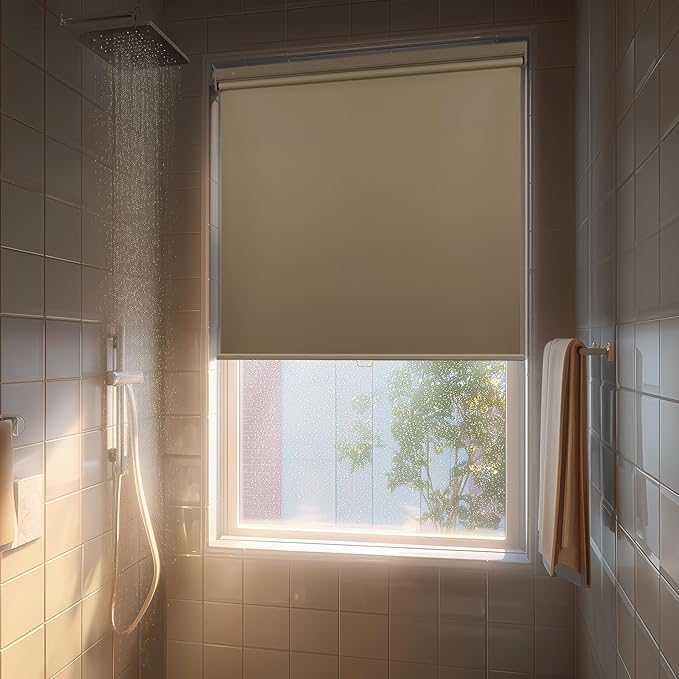 HESTIA No Drill Cordless Blackout Roller Shades Screwless Waterproof Shower Window Blinds, Auto-Retraction Easy Install Blind for Bathroom/Kitchen/Office/Exterior, Greige, 32.5" W x 72" H