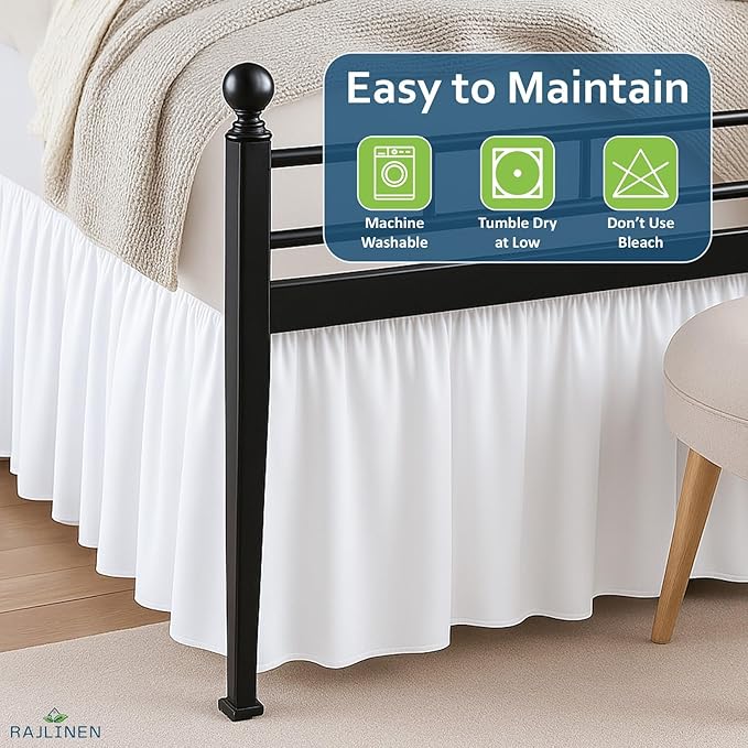 Rajlinen Ruffled Bed Skirt Full, 16 Inch Drop Dust Ruffle with Split Corners, 100% Microfiber Bedskirt with Platform, Three-Sided Coverage Ruffled Gathering Design, White