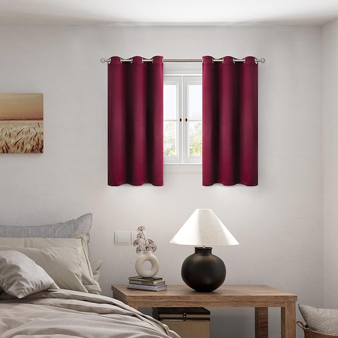 BGment Short 100% Blackout Curtains for Bedroom, Thermal Insulated Lined Energy Efficiency Noise Reducing Grommet Curtains 54 Inch Length for Small Window 2 Panels Each 42 Inch Wide, Burgundy Red