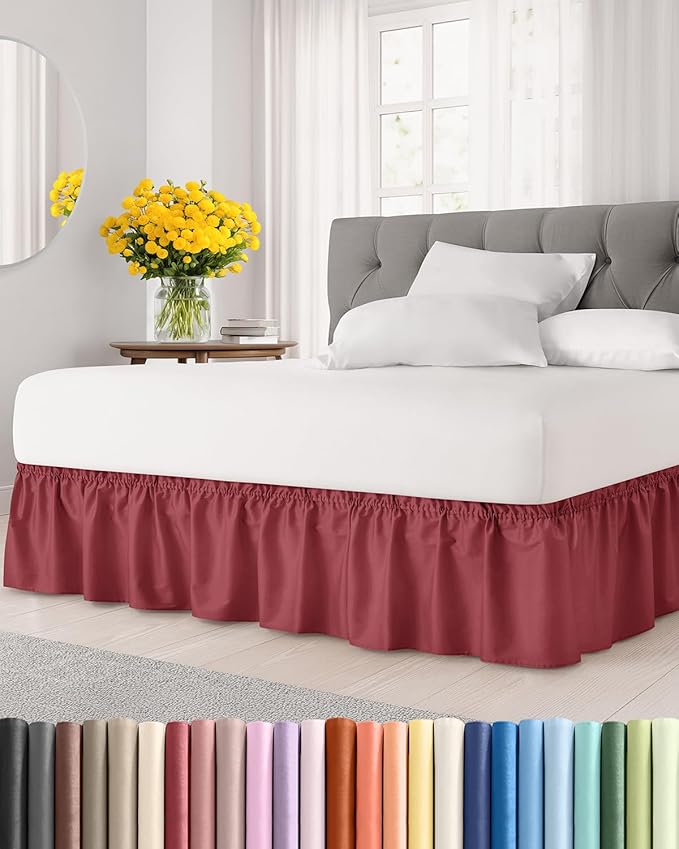 Wrap Around Dust Ruffle Bed Skirt - Burgundy - for King Size Beds with 18 Inch Drop - Easy Fit Elastic Strap - Adjustable Pleated Bedskirt w/Brushed Fabric Wrinkle Free - for Women, Men, Kids & Teens