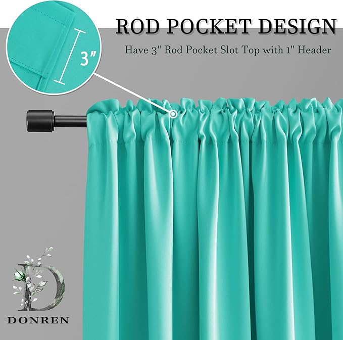 DONREN Black Out Window Curtains for Living Room - 90 Inch Room Darkening Thermal Insulated Rod Pocket Curtain Panels (Turquoise,1 Pair)