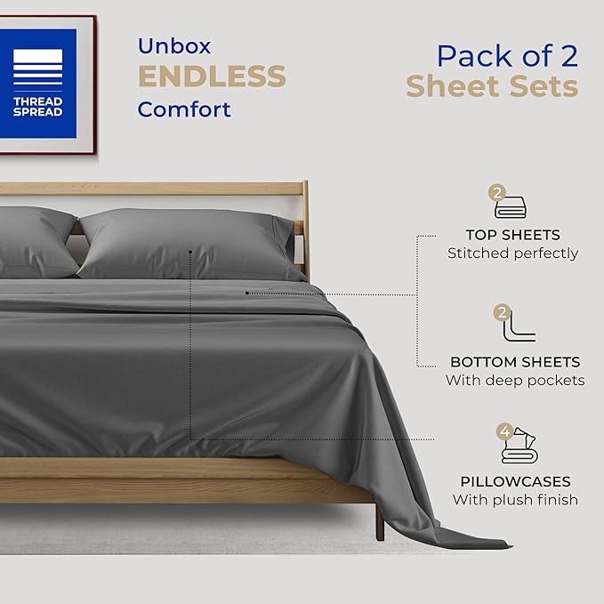 THREAD SPREAD 2-Pack King Size Sheets Set - 400 Thread Count 100% Cotton Sateen Weave - Extra Soft, Breathable, Hotel Quality Cooling Sheets, 2 Sets of King Size Deep Pocket Bed Sheets (Dark Grey)