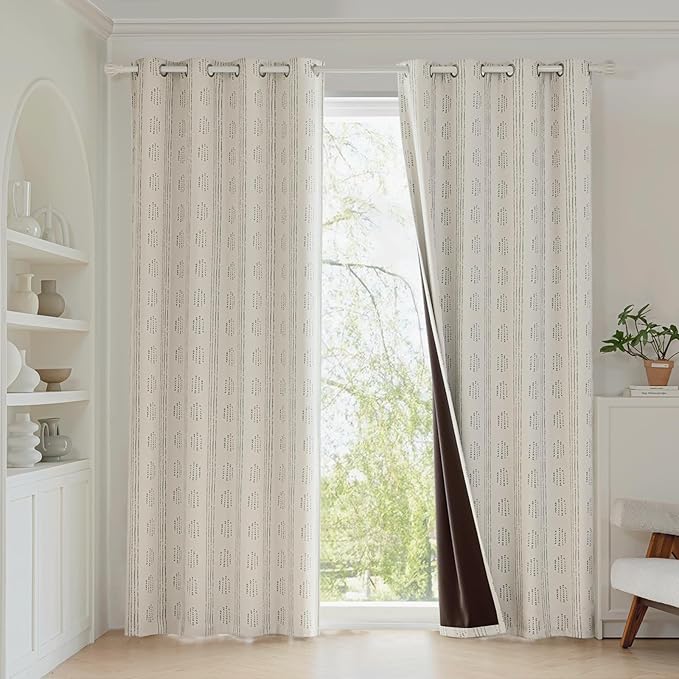 100% Boho Blackout Curtains 96 Inches Long for Bedroom, Grey on Beige Patterned Bohemian Curtains for Living Room, Geometric Striped Thermal Insulated Window Drapes Gromment Top 2 Panels