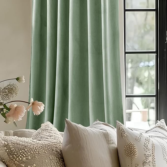 Sage Green Velvet Curtains 84 Inches for Living Room, Elegant Thermal Insulated Room Darkening Heavy Blackout Drapes Luxury Curtains for Bedroom Nursery, Back Tab Rod Pocket, W52 x L84, 2 Panels