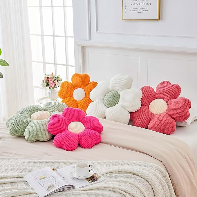 Kcvvcr Flower Throw Pillow, Cute Flower Shaped Pillow Decorative Throw Pillow for Bed Couch, Soft Daisy Pillows Floor Seating Cushion Cushions (19.6 Inch White+Green)