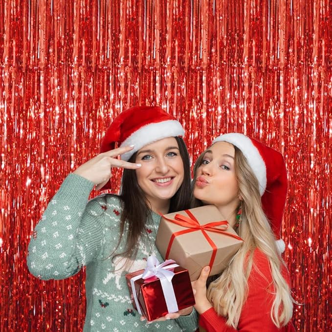 GOER 3.2 ft x 8.2 ft Metallic Tinsel Foil Fringe Curtains Party Photo Backdrop Party Streamers for Birthday,Graduation,New Year Eve Decorations Wedding Decor (4 Packs,Red)