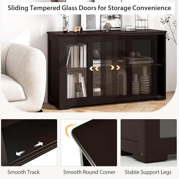 Costzon 2-Pack Wooden Kitchen Storage Cabinet with Adjustable Shelf, Sliding Glass Doors, Accent Coffee Bar Cabinet Console Table for Living Room, Dining Room, Hallway