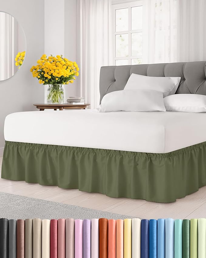 Wrap Around Dust Ruffle Bed Skirt - Sage Green - for Full Size Beds w/ 14 Inch Drop - Easy Fit Elastic Strap - Adjustable Pleated Bedskirt with Brushed Fabric, Wrinkle Free Women, Men, Kids and Teens