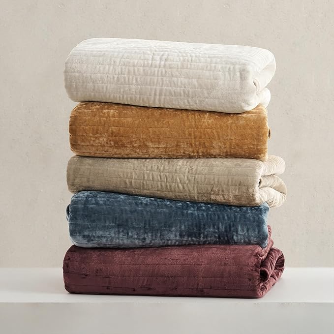 EVERGRACE Velvet Quilt Set King Size, Luxurious Soft Striped Channel Bedding Set, Lightweight Velvet Comforter for All Season, Oversized Bedspread Coverlet with 2 Matching Shams, Beige Taupe