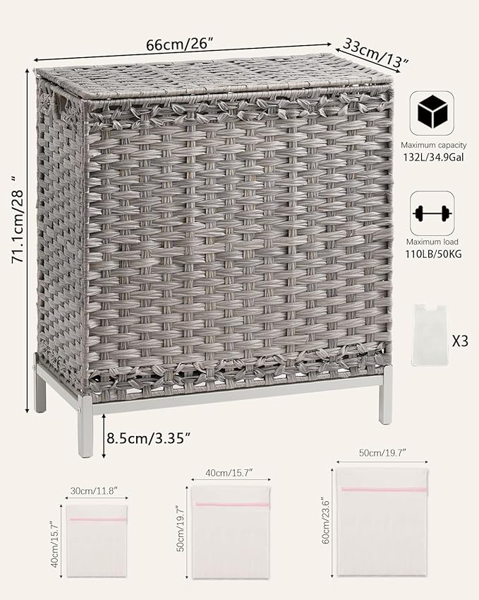 Laundry Hamper with Lid 132 L, (35 Gallons) Clothes Hamper with Lid, Handwoven Rattan Laundry Hamper with Metal Heightened Feet, Laundry Hampers with 3 Removable Liner Bags for Laundry-Gray