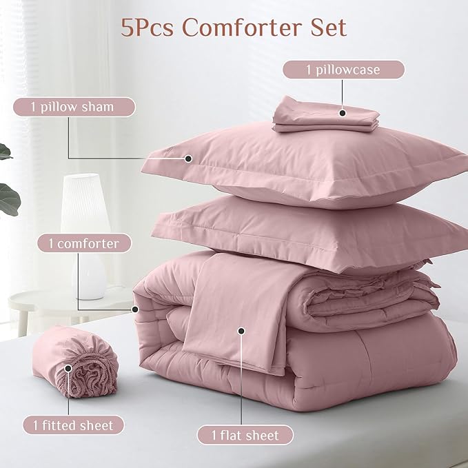 JOLLYVOGUE Twin XL Comforter Set, Ultra-Soft Bed in a Bag Twin XL Size 5 Pieces, Oeko-TEX Certified Bedding Set with Down Alternative Comforter, Sheets, Pillowcases & Shams, Camio Pink