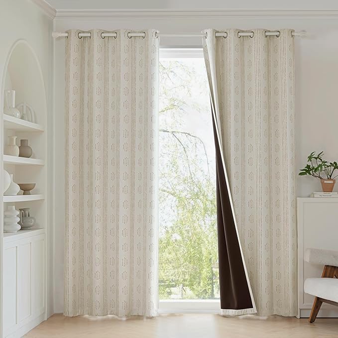 100% Boho Blackout Curtains 63 Inches Long for Bedroom, Taupe on Beige Patterned Bohemian Curtains for Living Room, Geometric Striped Thermal Insulated Window Drapes Gromment Top 2 Panels