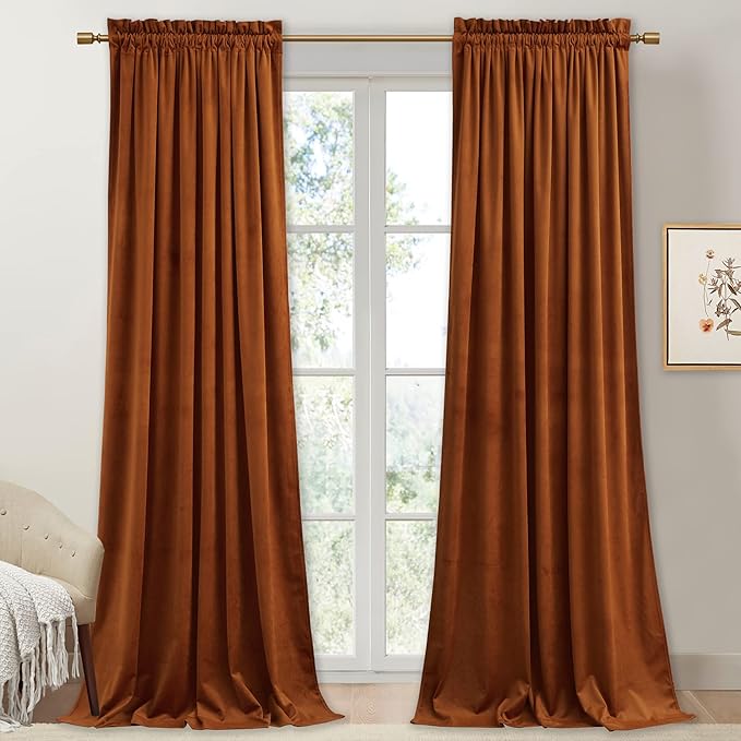 StangH Burnt Orange Velvet Drapes Vibrant Thermal Insulated Window Drapes for Bedroom, Soft Light Blocking Curtains for Sliding Door, Warm Autumn Decor, W52 x L100, 2 Panels