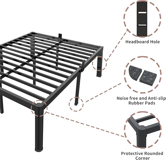 ROIL 18 Inch Full Size Bed Frame with Rounded Corner and Headboard Hole Mattress Retainers 3500LBS Metal Heavy Duty Steel Slats No Box Spring Needed Platform Noise-Free Easy Assembly