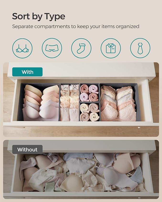 SONGMICS Drawer Organizer, Dresser Drawer Organizers, Set of 6, Foldable Fabric Storage Bins for Socks, Underwear, Bras, Ties, Scarves, Slate Gray URDZ06G