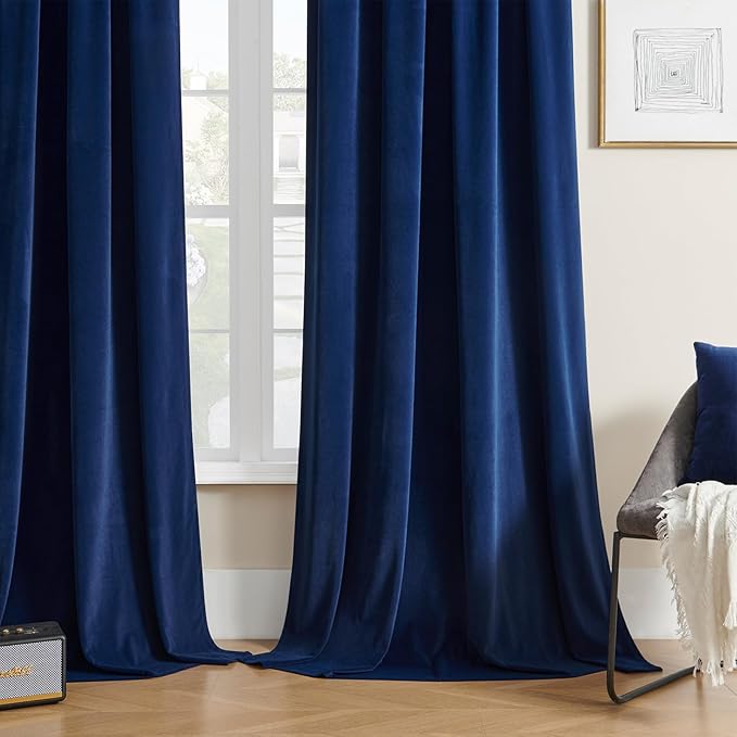 Joydeco Blue Velvet Curtains 120 inch Length 2 Panels Burg Set, Luxury Rod Pocket Thermal Insulated Window Blackout Curtain, Room Darkening Drapes for Living Dining Room Bedroom Privacy