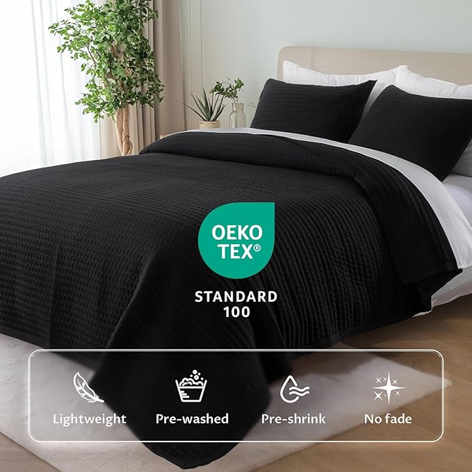 Oversized King Quilt Set 112"x106" – Soft Washed 3-Layer Lightweight California King Bedspread, Minimalist Nordic Design, All-Season Spring & Summer Quilt Set (1 Quilt + 2 Pillow Shams), Jet Black