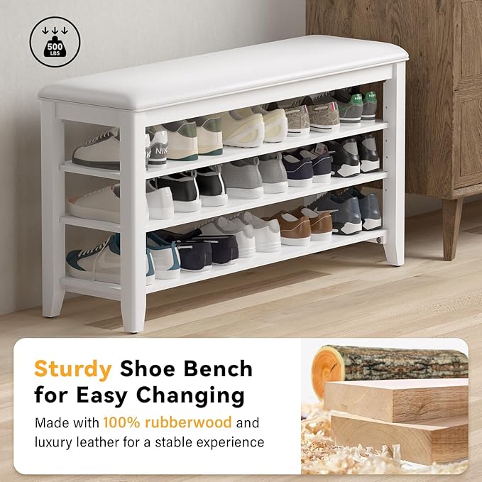 Shoe Rack Bench Entryway Storage with Leather Cushion, Shoe Organizer Bench for Entryway, Ideal for Front Doors Entrances Hallway Mudroom Featuring Rubberwood And 3 Height-Adjustable Removable Shelve