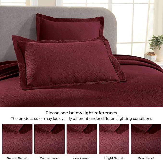 Superior 100% Cotton Basket Weave Bedspread with Shams, All-Season Premium Cotton Matelasse Jacquard Bedding, Quilted-Look Geometric Basket, Full, Garnet