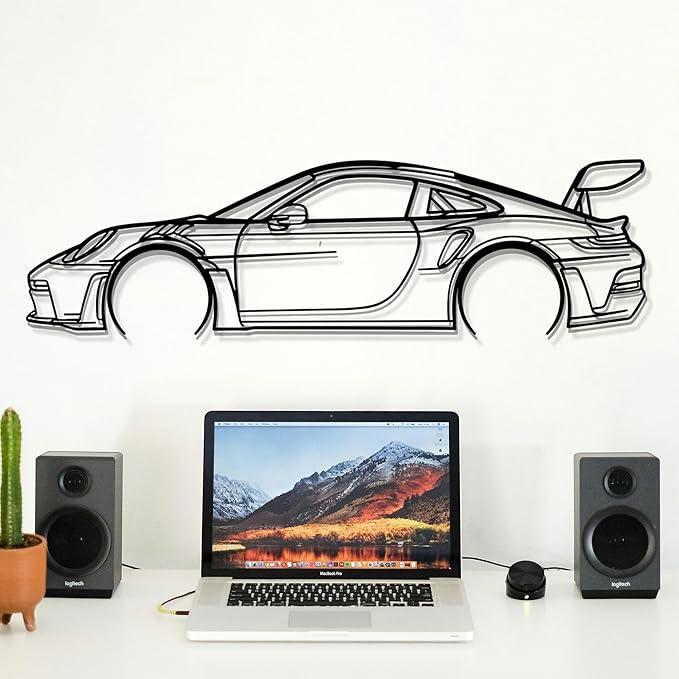 Dekory Car Wall Art – 911 GT3 RS (992) Black Metal Sports Car Silhouette, Modern Industrial Automotive Wall Decor for Garage, Living Room or Bedroom – 48 Inch (XL)
