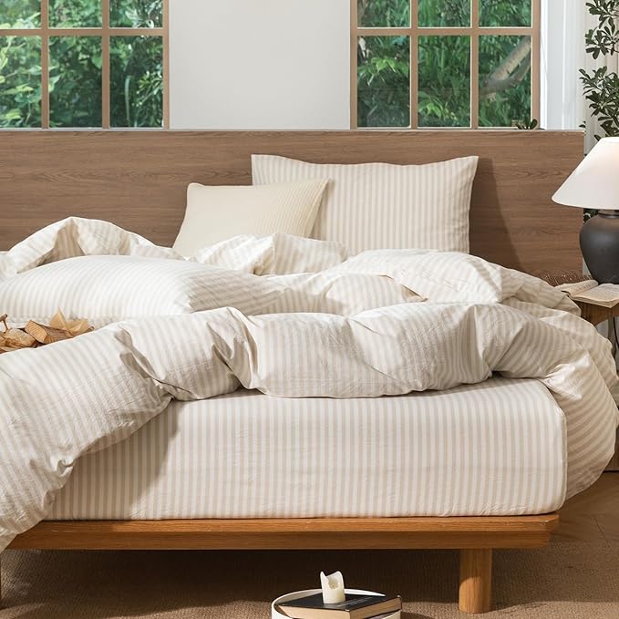 MooMee Striped Duvet Cover Set 100% Washed Cotton Linen Like Textured Breathable Durable Soft Comfy (Almond Milk Grey Classic Stripes, Oversized Queen 98"x98")