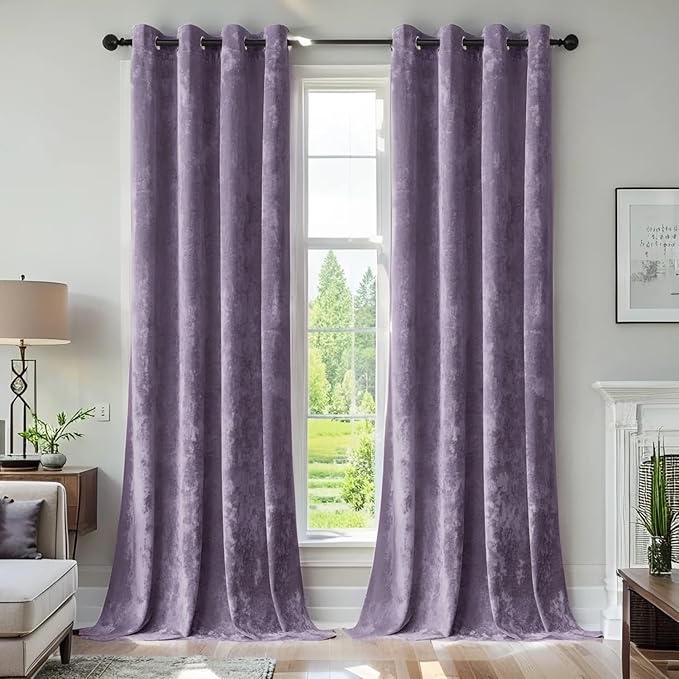 SMILETIME Lilac Purple Crushed Velvet Curtains 52x108 inch Luxurious Thermal Insulated Soundproof Drapes for Living Room Bedroom Office Soft and Durable Light-Filtering Window Treatments, 2 Panels