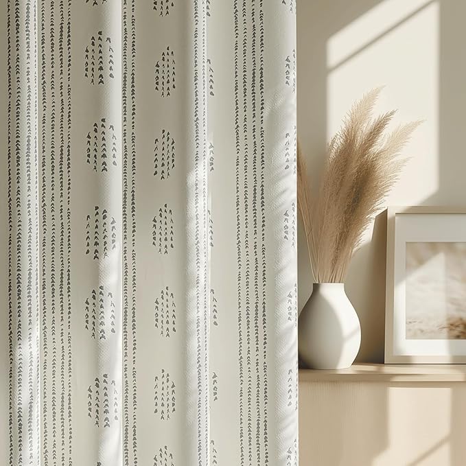 100% Boho Blackout Curtains 96 Inches Long for Bedroom, Grey on Beige Patterned Bohemian Curtains for Living Room, Geometric Striped Thermal Insulated Window Drapes Gromment Top 2 Panels
