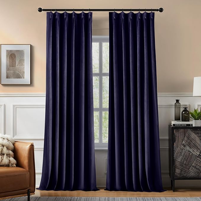 Pinch Pleated 100% Blackout Curtains for Bedroom, Navy Blue Velvet Curtains for Living Room, Black Out Curtain 102 inch Long Room Darkening, Blackout Pinch Pleat Drapes with Hooks 2 Panels