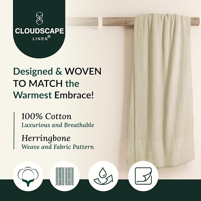 Cloud Scape Linen 100% Cotton Blanket King 92x108 Fog - Cozy Herringbone Weave, Fits Up to Cal King Beds, Breathable Softness, All-Season Warmth, Heavy Layering Winter Blanket