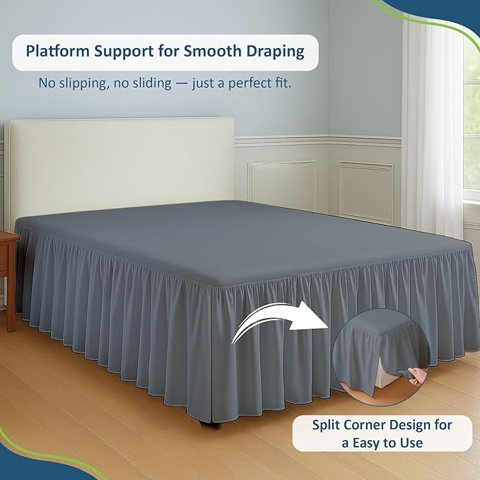Rajlinen Ruffled Bed Skirt California King, 24 Inch Drop Dust Ruffle with Split Corners, 100% Microfiber Bedskirt with Platform, Three-Sided Coverage Ruffled Gathering Design, Dark Grey