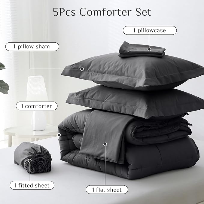 JOLLYVOGUE Twin XL Comforter Set, Ultra-Soft Bed in a Bag Twin XL Size 5 Pieces, Oeko-TEX Certified Bedding Set with Down Alternative Comforter, Sheets, Pillowcases & Shams, Dark & Light Grey