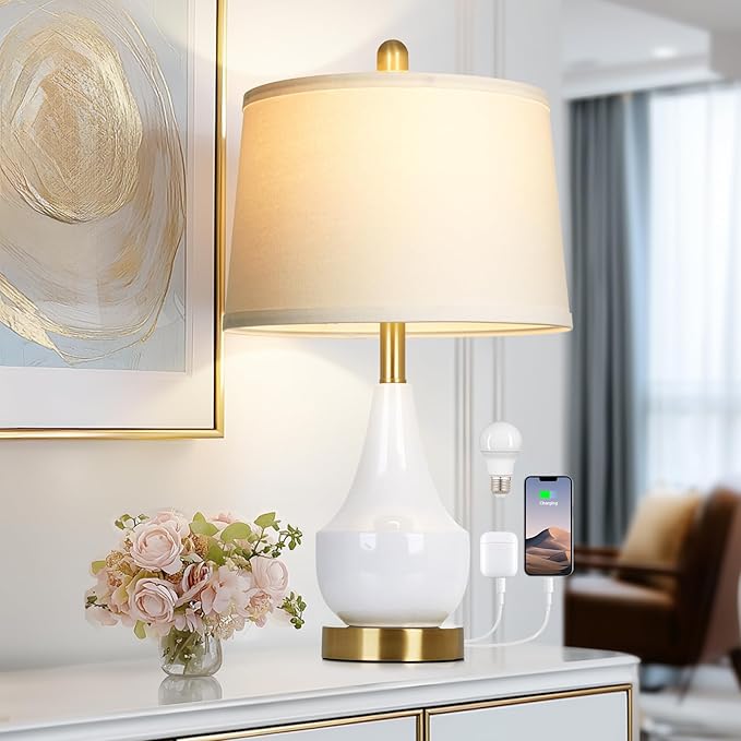 Modern White Table Lamp, 24" Ceramic Table Lamp with USB A+C Ports,Classic Beside Lamps Nightstand Lamp Modern Lamp for Living Room, Bedroom & Office -LED Bulbs Included