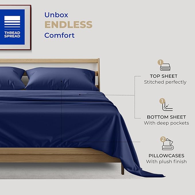 THREAD SPREAD California King Sheet Sets - 400 Thread Count 100% Cotton Sheets, 4 PC Cal King Sheets Set, California King Cooling Sheets, Soft Breathable Bed Sheets, 16" Deep Pocket Sheets (Navy Blue)