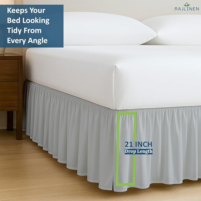 Rajlinen Ruffled Bed Skirt Queen, 21 Inch Drop Dust Ruffle with Split Corners, 100% Microfiber Bedskirt with Platform, Three-Sided Coverage Ruffled Gathering Design, Light Grey