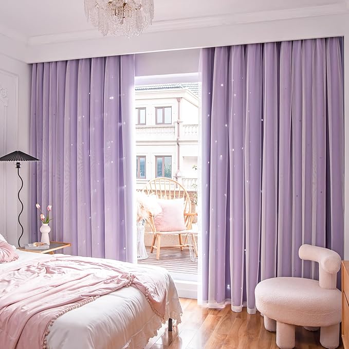 Star Double Layer Blackout Curtains for Bedroom, Kids - Cute, 96 Inch Long, 2 Panels Set, Purple, 42 x 96 Inch