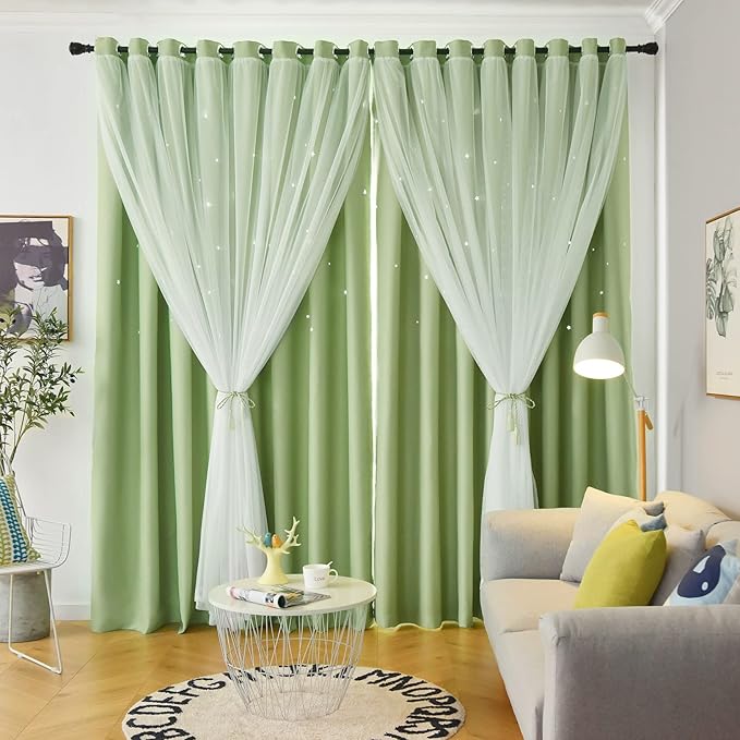 Star Curtains Double Layer Curtains Blackout Curtains for Bedroom Kids Curtains Cute Curtains, Curtains 72 Inches Long 2 Panels Set, Green Curtains, 42 X 72 Inches