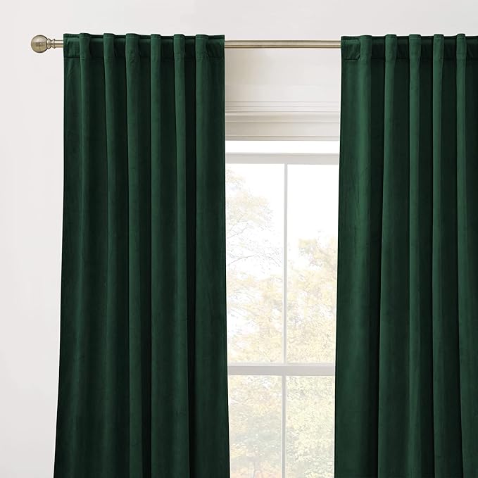 RYB HOME Living Room Curtains, Vintage Velvet Drape Soft Durable Texture Room Darkening Privacy Window Treatment Decorative Backdrop Thermal Curtain for Bedrooom, Hunter Green, W52 x L96 inch, 2 Panel