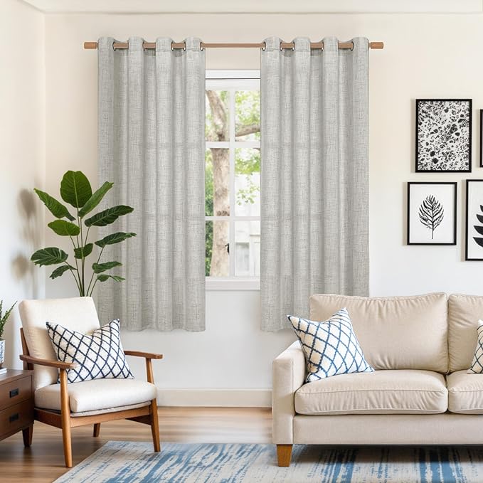YoungsTex Light Grey Linen Semi Sheer Curtains 63 Inches Long for Bedroom 2 Panels - Textured Light Filtering Window Drapes with Bronze Grommet Privacy for Living Room, 2 Panels, 52 X 63 Inch