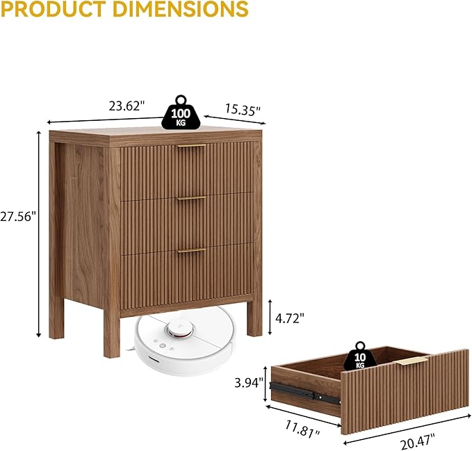 End Table with Storage, Wooden Farmhouse Nightstands with 3 Drawers, Bedside Table - Boho Tall Side Table Accent for Bedroom, Living Room, Walnut