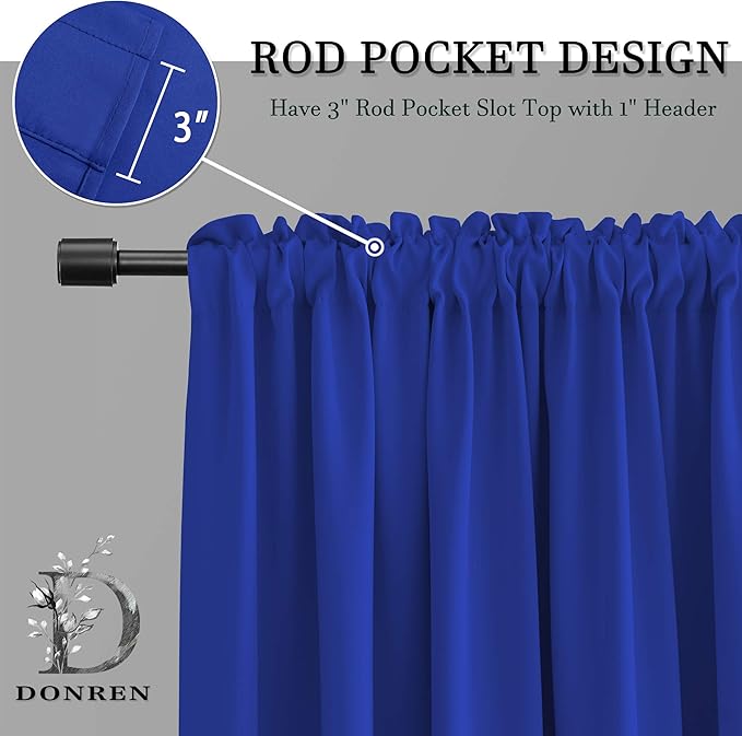 DONREN 2 Panels Royal Blue Blackout Curtain Panels for Bedroom - Thermal Insulated Solid Rod Pocket Curtains (42 x 72 Inches)