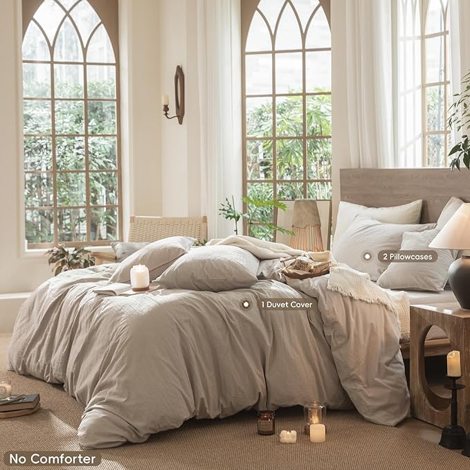MooMee Wavy Striped Duvet Cover Set 100% Washed Cotton Linen Like Textured Breathable Durable Soft Comfy (Beige, Super King 108"x98")